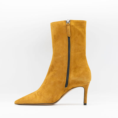 Ankle boots in cognac suede with stiletto heels.