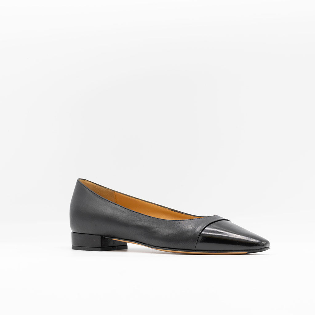Black leather ballet flats with cap toe. 