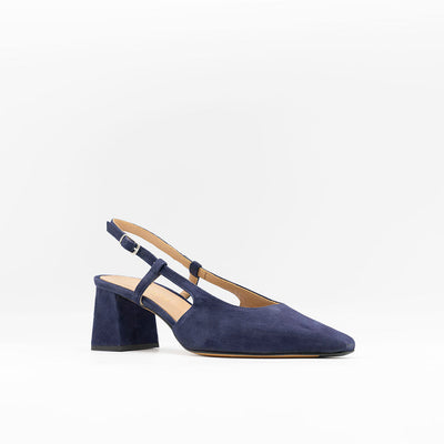 Slanted Block heeled slingback with square toe in navy suede. 