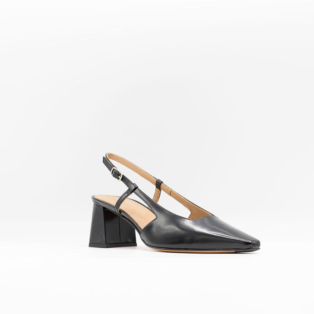 Block heeled slingback with slightly slanted heel and square toe in black patent. 