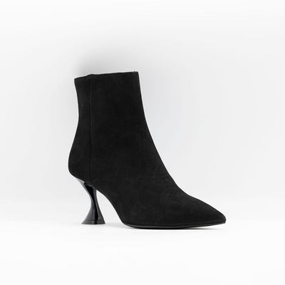 Black suede ankle boots with curved heel. 