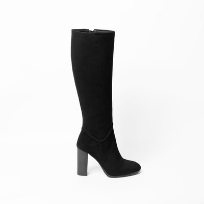 Knee-high black suede boots with 10 mm block heel. 