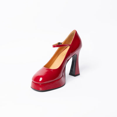 Red Patent platform with square toe and a 30cm platform. 120cm heel.