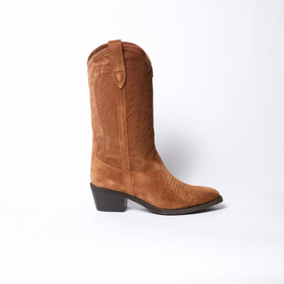Brown suede cowboy boots.