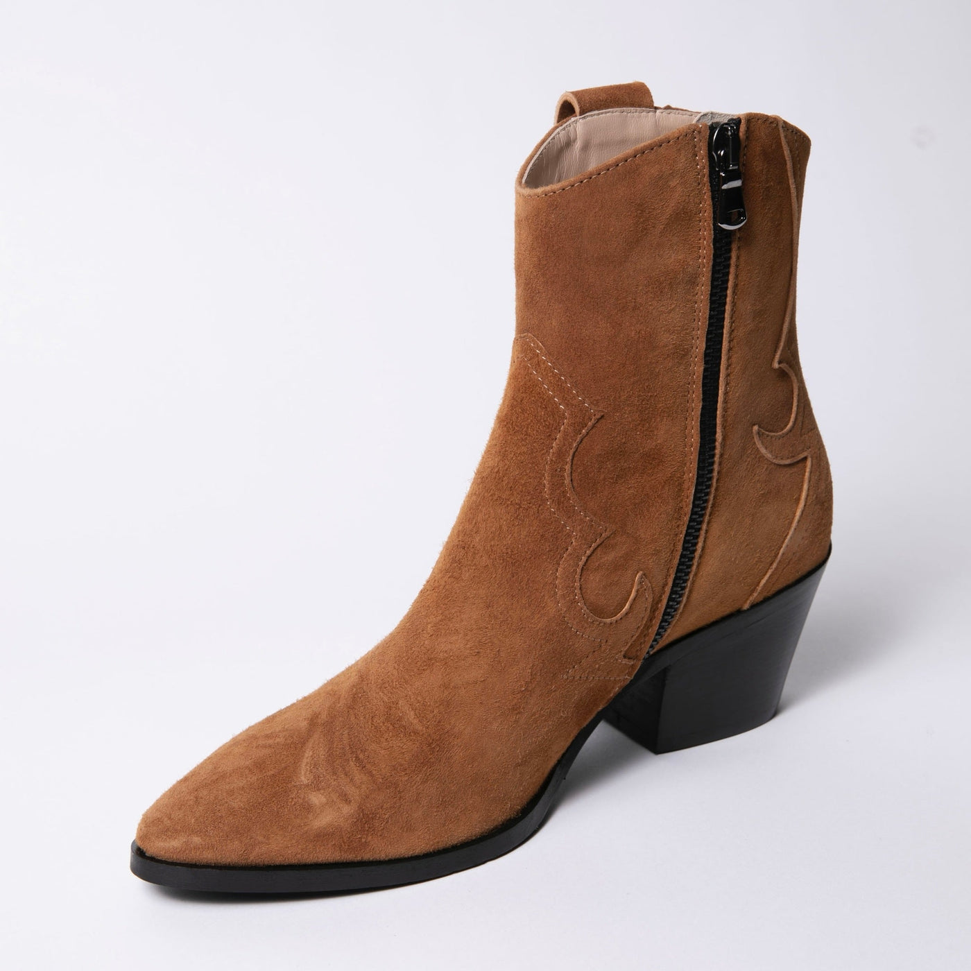Short Cowboy Boots in Cognac Suede. Featuring western stiching. 