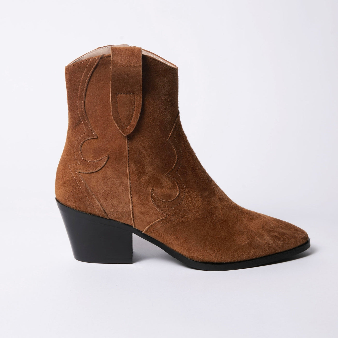 Short Cowboy Boots in Cognac Suede. Featuring western stiching. 