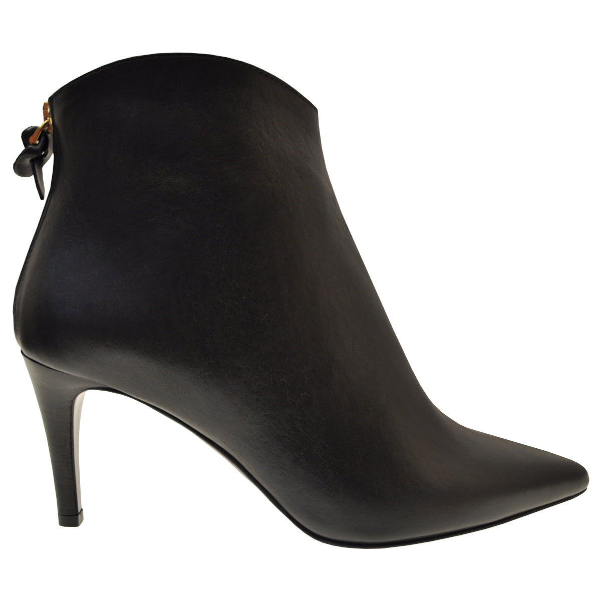 Black leather ankle boots with stiletto heels.