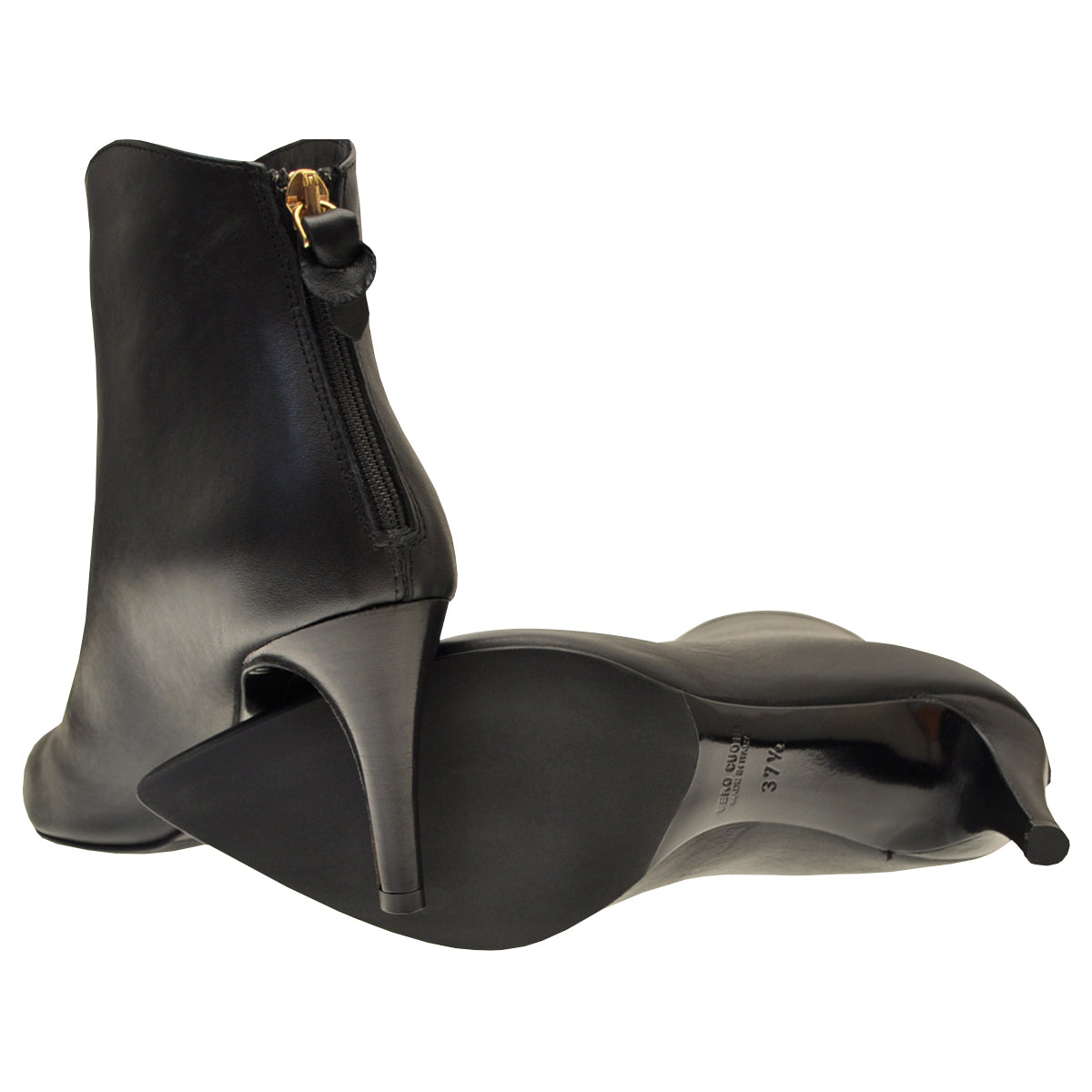 Pointed ankle boots with stiletto heels and rubber soles. 