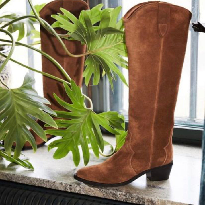 Cognac suede knee high boots outlet