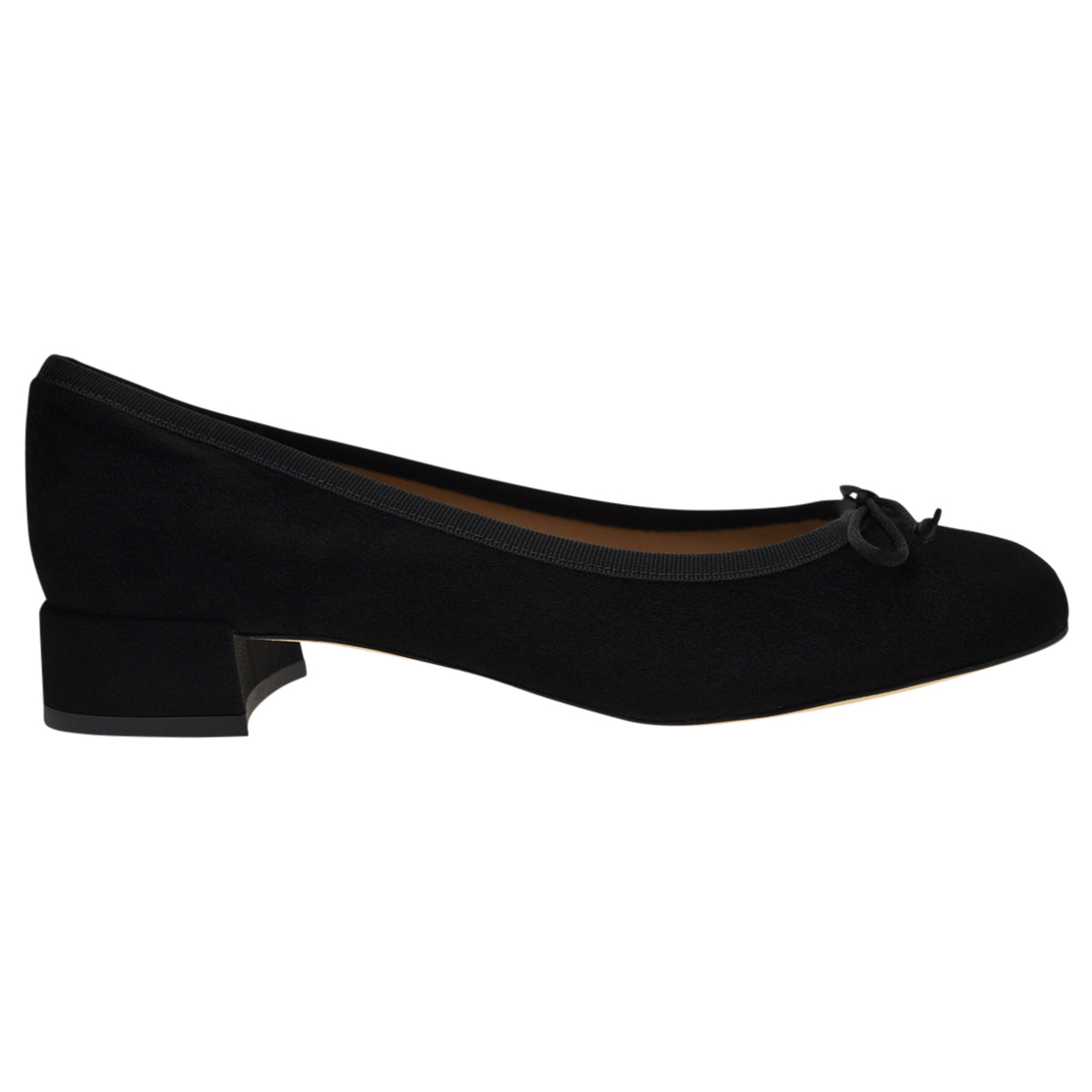 Black suede ballet flats with a small heel.