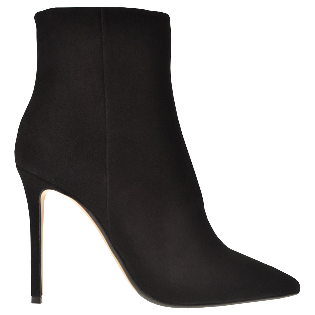 Black suede ankle boots with stiletto heels. 