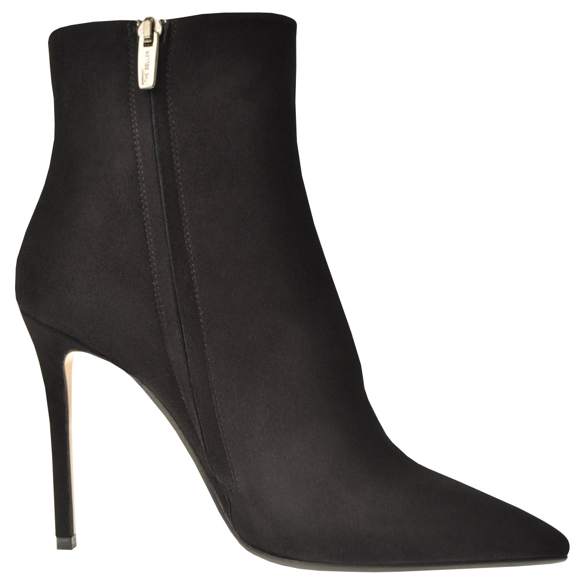 Black suede boots set on a slim stiletto heel. 