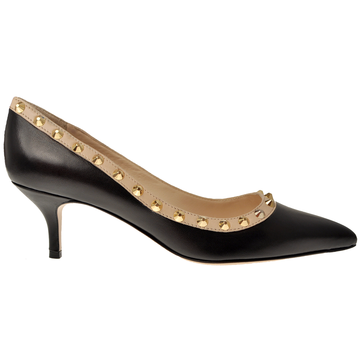 Black Leather kitten pumps with contrasting beige lining and studs. 