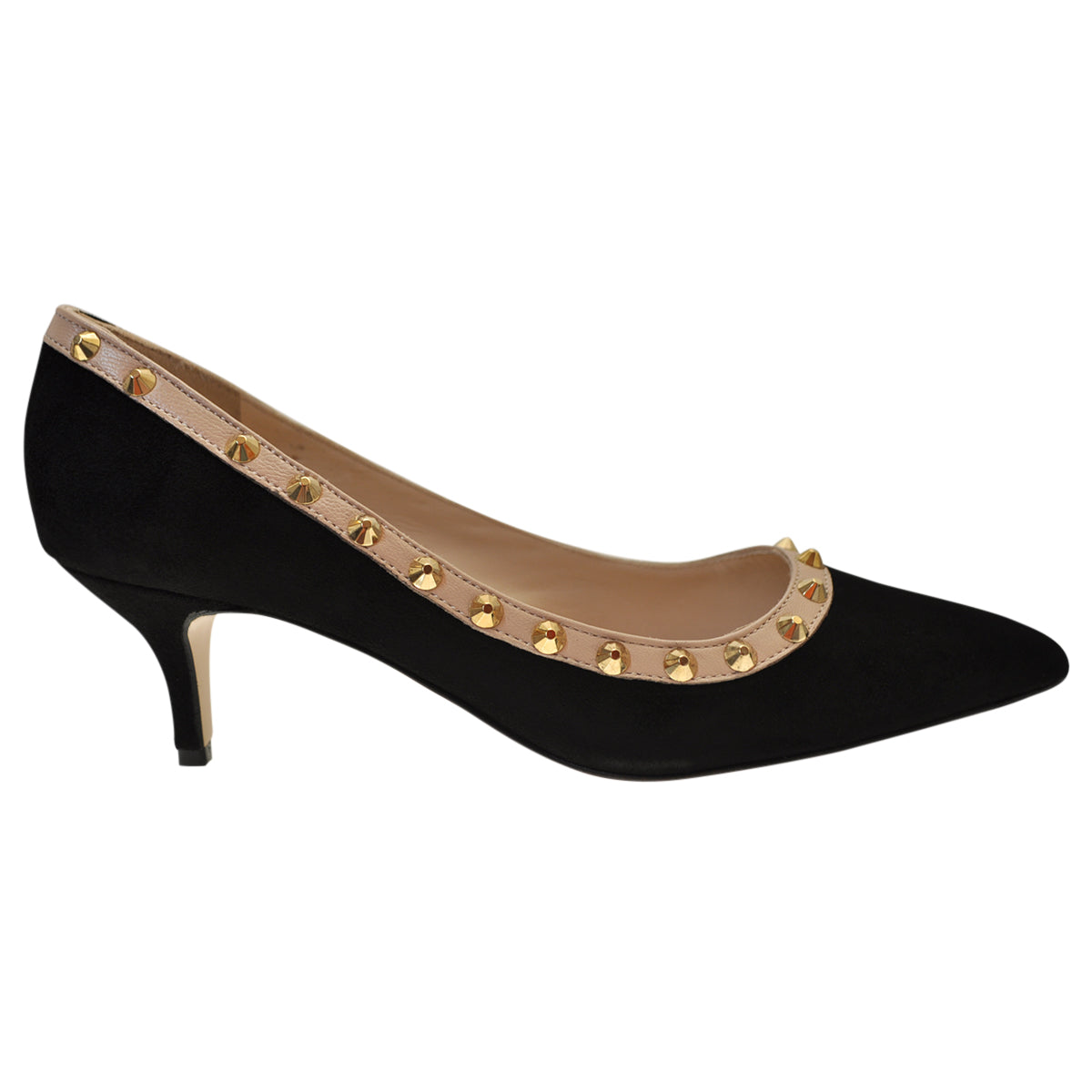 Black Suede kitten pumps with contrasting beige lining and studs. 
