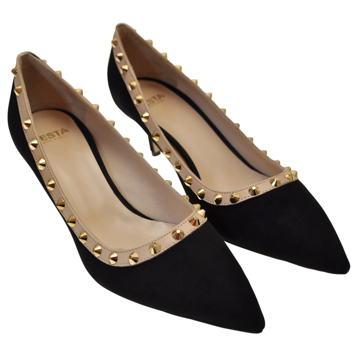 Black Suede kitten pumps with contrasting beige lining and studs. 