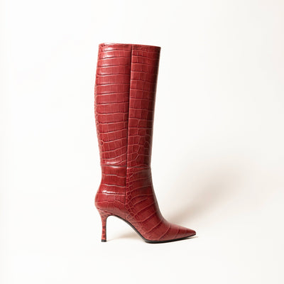 Red croco knee-high boots. 