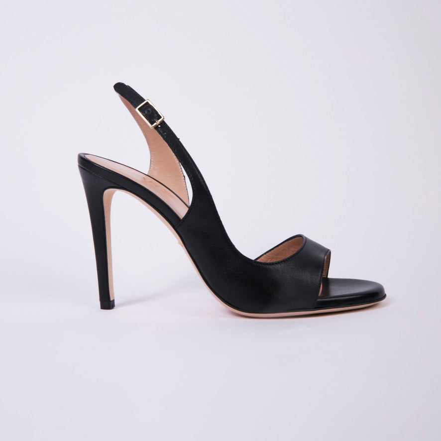 Cut out black high heeled leather sandals